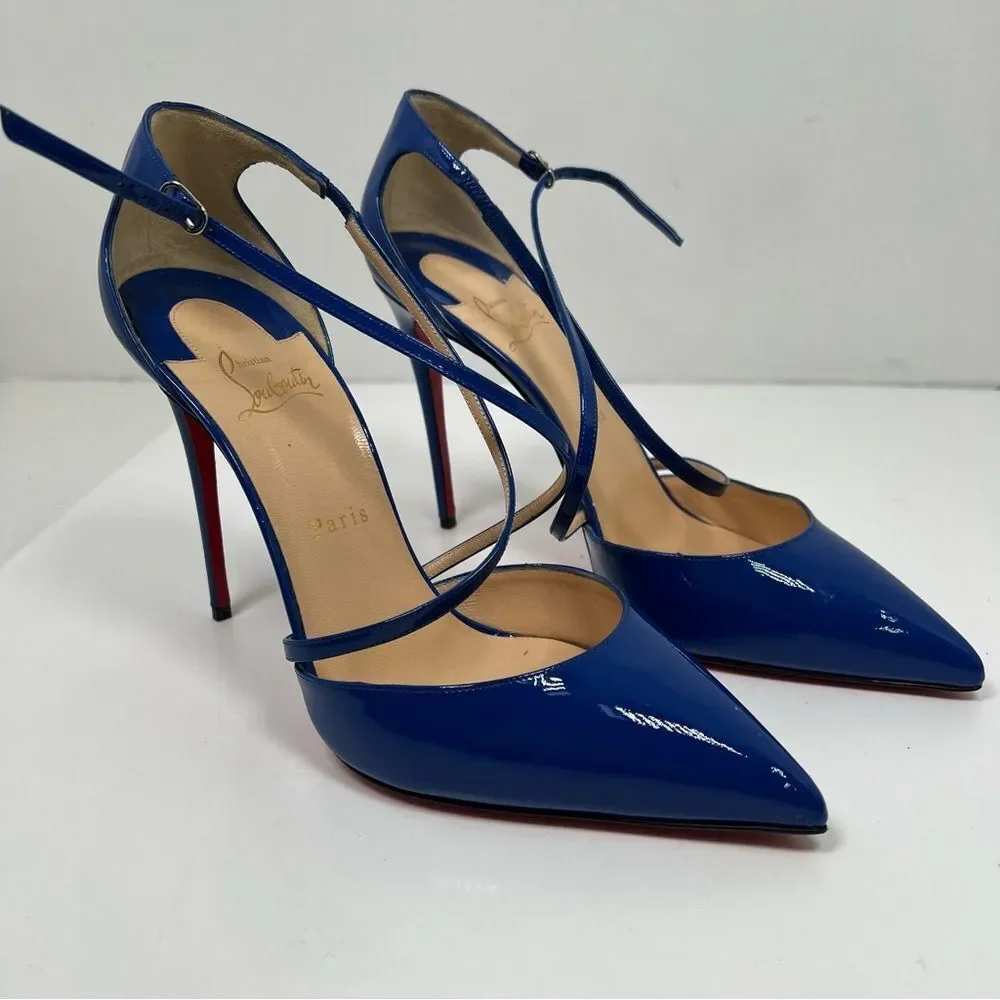 Christian Louboutin Cross Blake 100 Patent Electric Blue Strap Heel Pump Size 10 - Picture 1 of 9